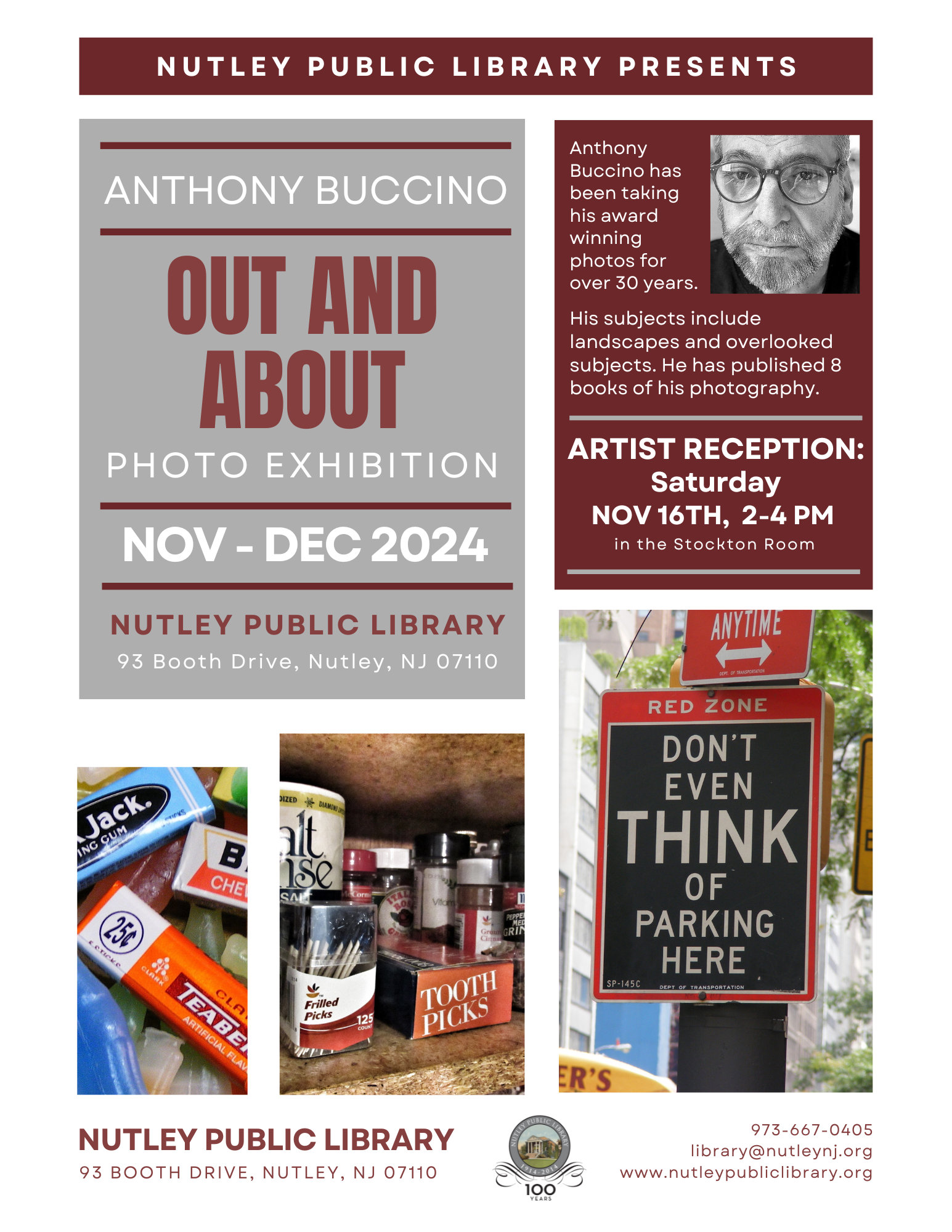 OUT AND ABOUT, print photo exhibit, Anthony Buccino November-December exhibit, Nutley Public Library